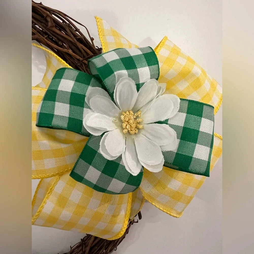 Hand Crafted Spring/Easter Wreath with Yellow and Green Flowers & Bow